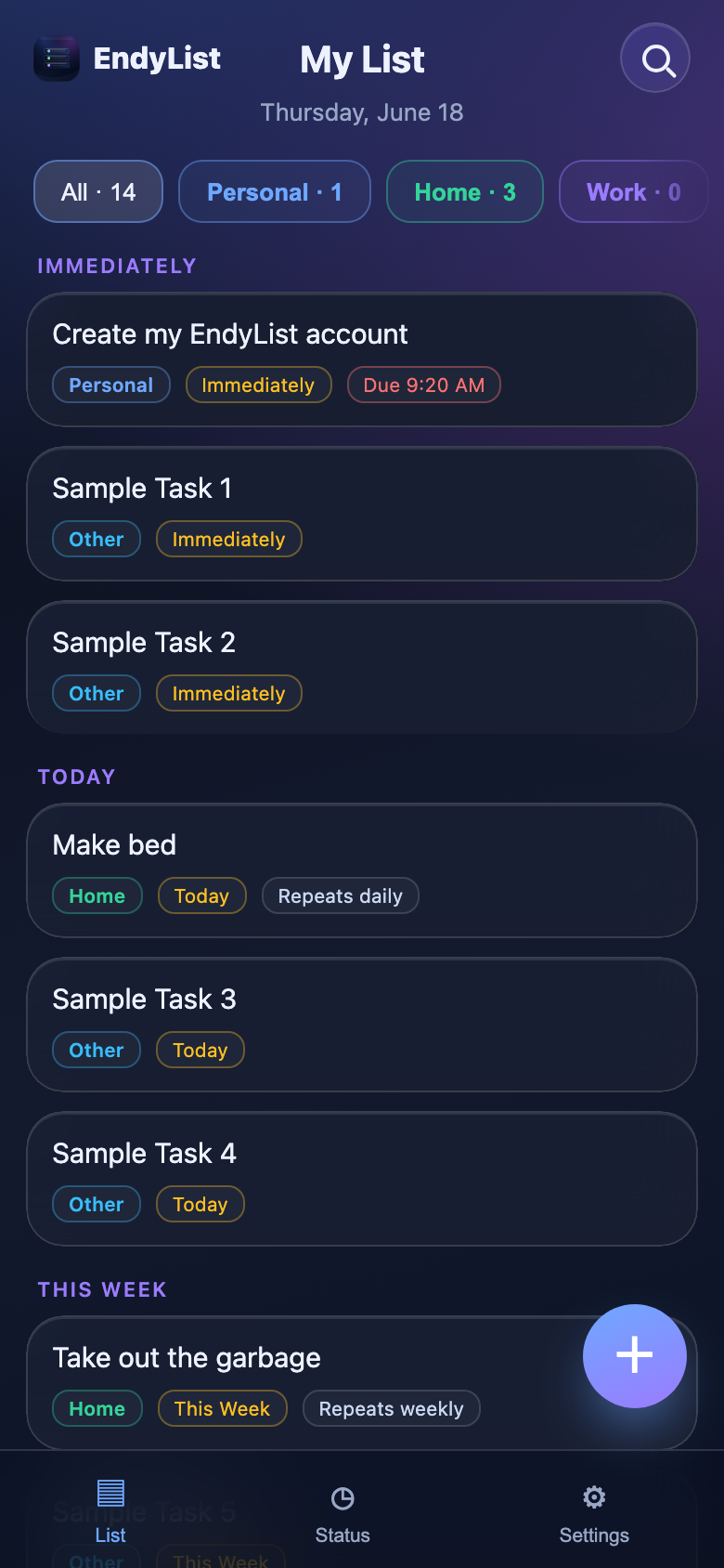 EndyList task list running on a phone.